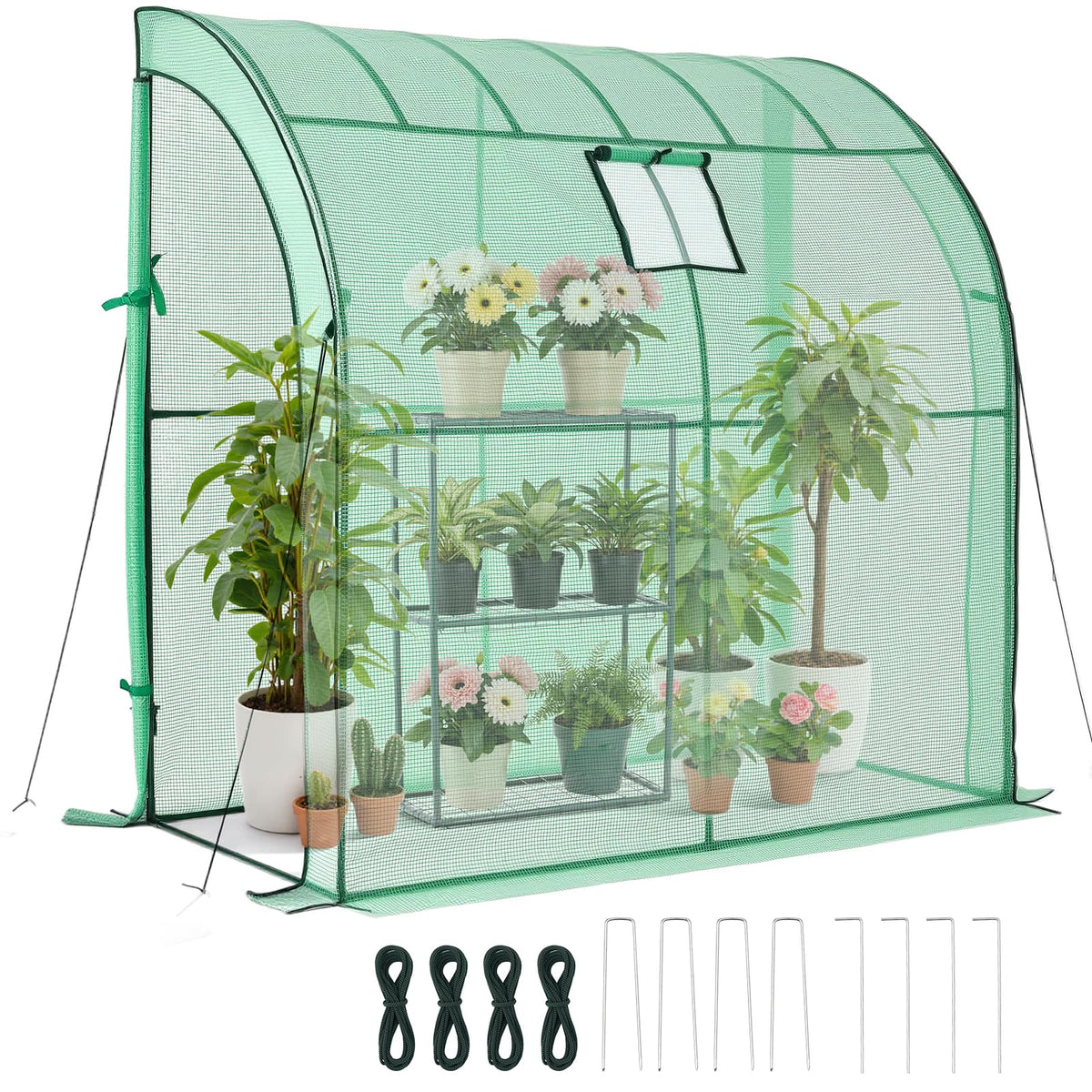 VEVOR - Walk-in Greenhouse,78" x 39.4" x 78.7" Greenhouse for Outdoors with Window, PE Cover, 3-Tier Shelf, Roll-Up Zipper Doors - Green