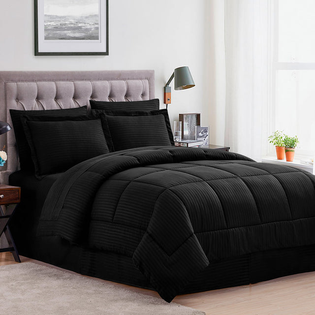 Front. Sweet Home Collection - 8 Piece Embossed Dobby Stripe Bed in a Bag All Season Complete Set with Sheets - Queen - Black.