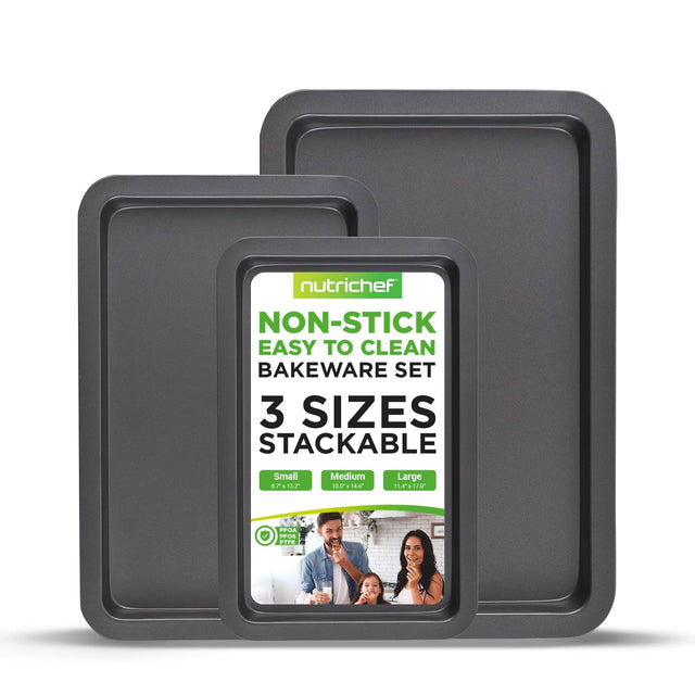 nutrichef NON-STICK EASY TO CLEAN BAKEWARE SET 3 SIZES STACKABLE Small 8.7 x 13.2 Medium 10.0 x 4.5 Large 11.4 x 17.0 PFOA PFOS PTFE