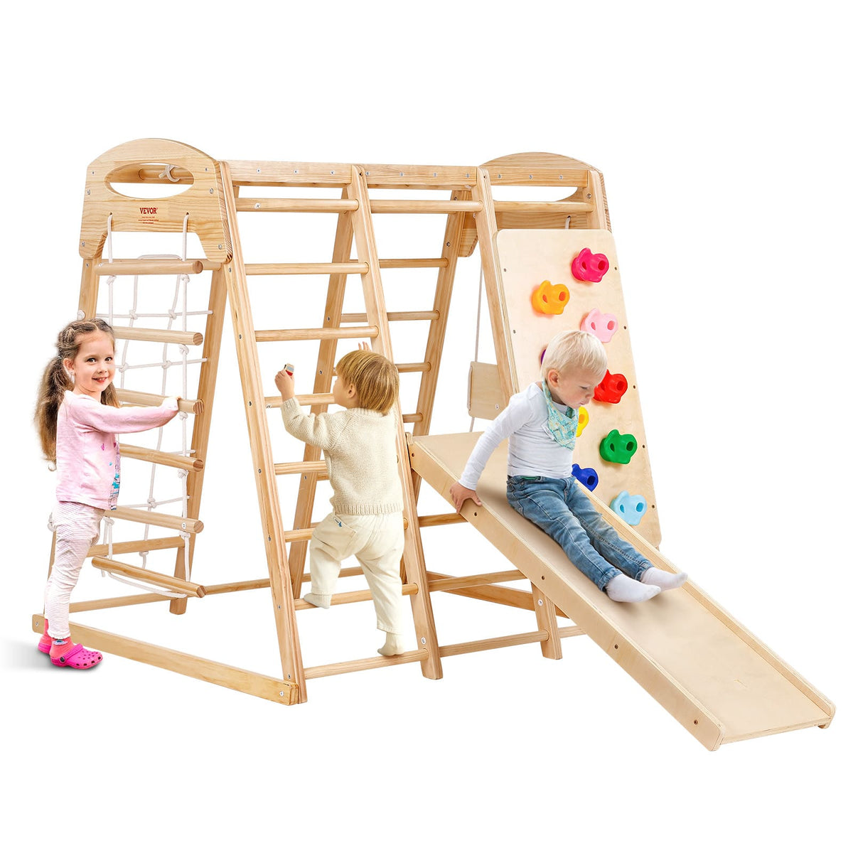 VEVOR - Indoor Jungle Gym, 7-in-1 Toddler Indoor Playground, 43 x 47.2 x 47 inch, with Wood and Rope Ladder, Net Ladder, Swing - Natural wood color