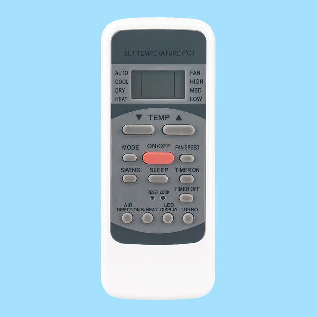 SET TEMPERATURE (C)  
AUTO COOL DRY HEAT  
FAN HIGH MED LOW  
TEMP MODE ON/OFF FAN SPEED  
SWING SLEEP TIMER ON TIMER OFF  
RESET LOCK AIR LED  
DIRECTION S-HEAT DISPLAY TURBO