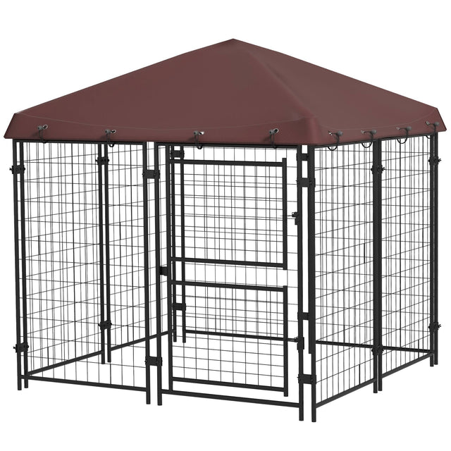 Front. Pawhut - x 4.6' x 5' Dog Kennel Outdoor with Waterproof Canopy - Brown.