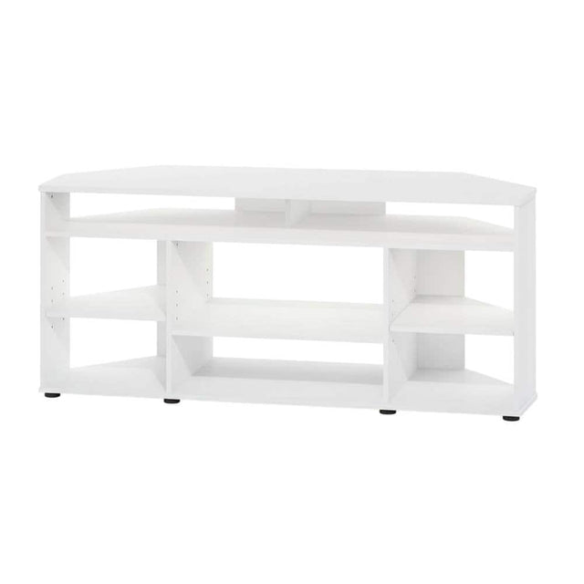 Front. FurniFact - White Corner TV Stand, up to 55-Inch Flat Screens, Solid Rubberwood - White.