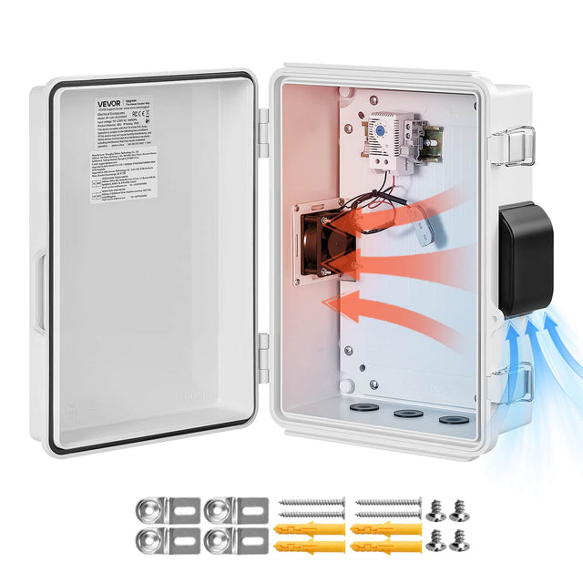 VEVOR  
Electrical Enclosure  
IP55  
Rated voltage: 220-240V AC 50/60Hz  
Rated current: 10A  
Dimensions: 230x150x160mm  
Material: ABS  
CE  
F  
g ppstab 23051608