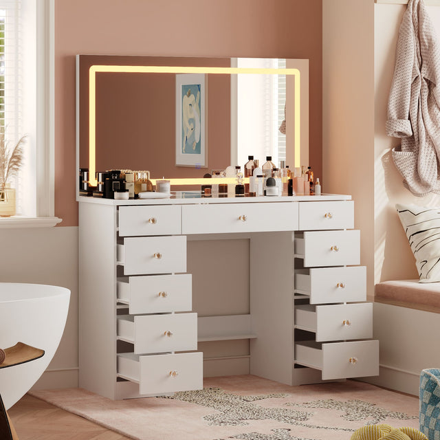 Front. Famapy - Large LED Vanity Desk with Oversized Illuminated Mirror, 3 - Color Lighting, Ample Storage Drawers & Crystal Knobs - White.