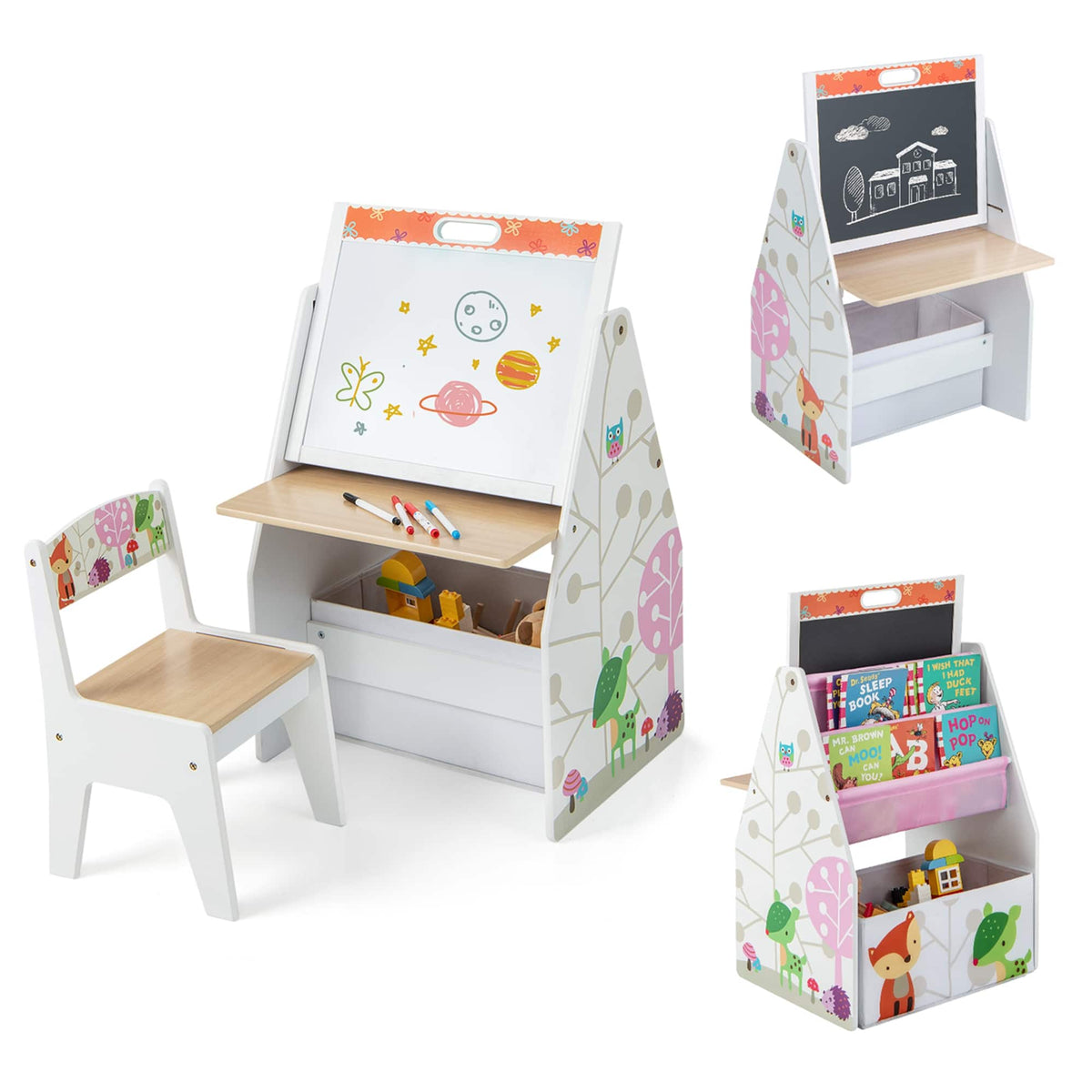 Costway - Kids Table & Chair Set with Rotatable Double-sided Magnetic Blackboard & Whiteboard - White