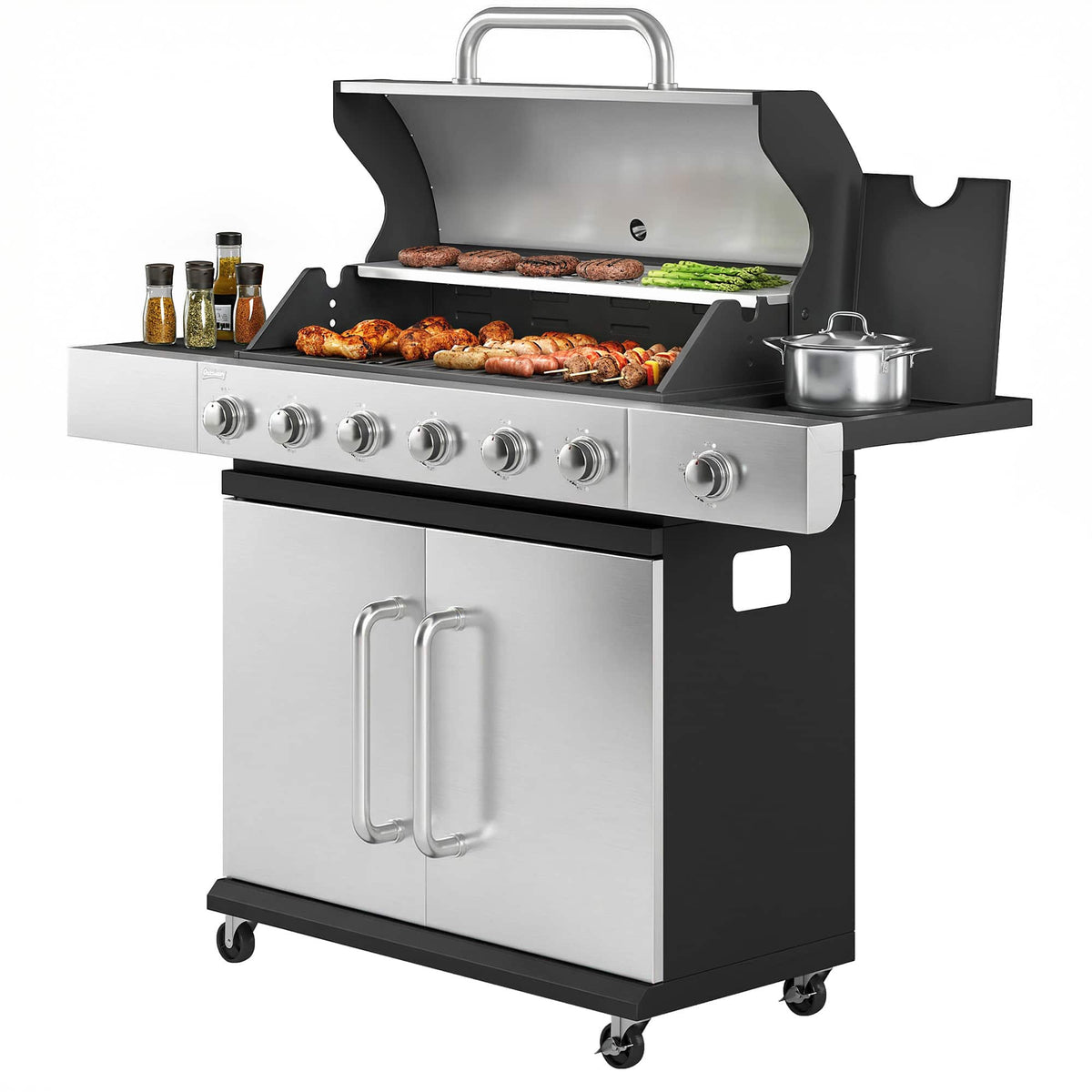 Outsunny - Burner Propane Gas Grill with Side Burner, Barbecue Grill with Cast Iron Grates, Wheels - Black/Silver