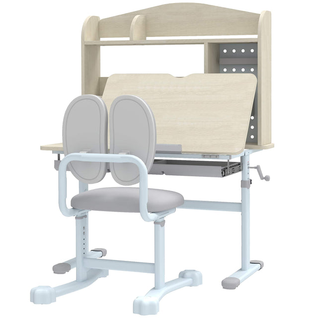 Front. Qaba - Kids Study Desk and Chair Set with Adjustable Height, Tiltable Desktop - Gray.