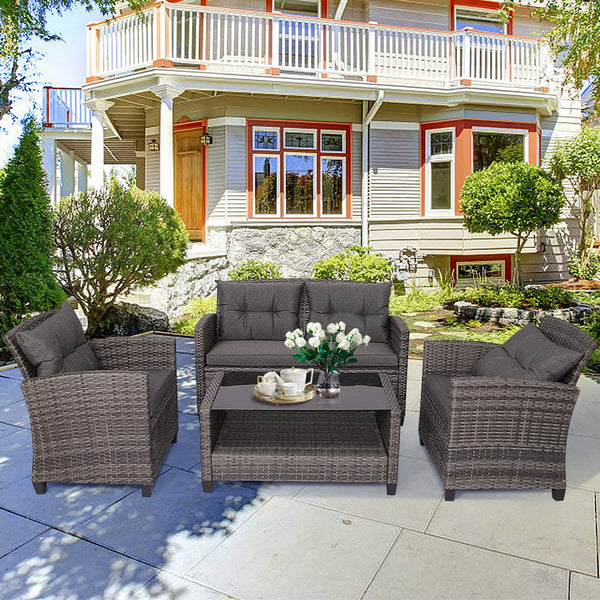 Gymax - 4PC Rattan Patio Conversation Set Cushioned Outdoor Furniture Set - Gray