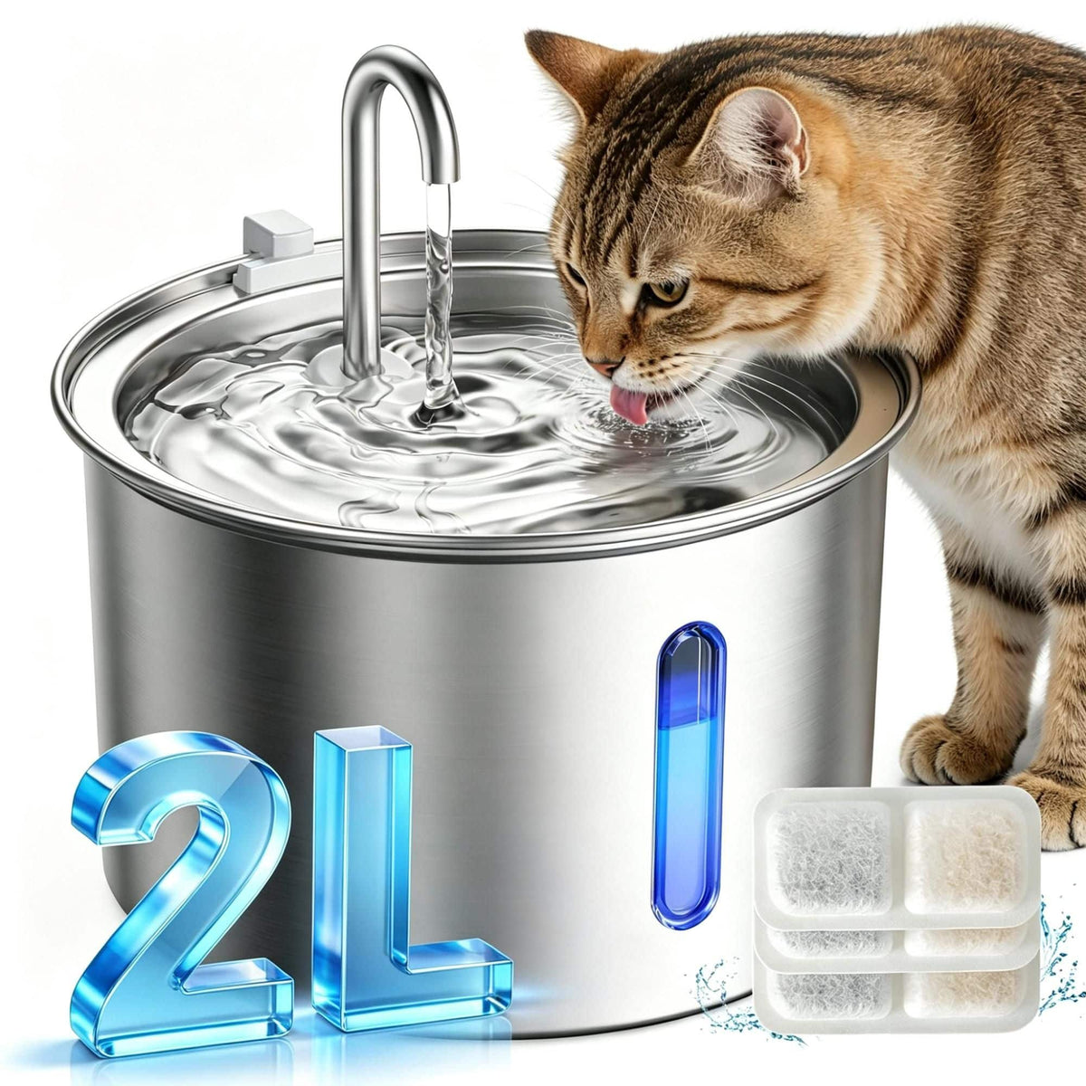 Oneisall - 2L 67oz Automatic Cat Water Fountain Food Grade Pet Fountain with 3 Filters Visual Window BPA Free - Stainless Steel