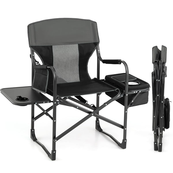 Costway - Folding Camping Directors Chair Portable with Cooler Bag & Side Table - Black
