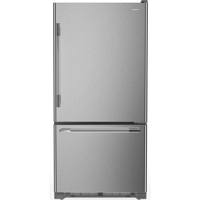 Front. KitchenAid - 22 Cu. Ft. 33-Inch Standard-Depth Bottom Mount Refrigerator with Right Door Swing - PrintShield Stainless.