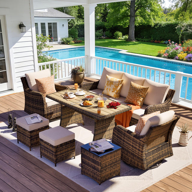 Front. Yardgrace - 7-Piece Wicker Patio Set w/ Swivel Chairs, Loveseat, 2 Ottomans & Dining Table – Perfect for Relaxing - Brown.