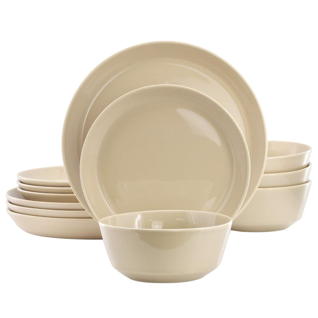 Front. Gibson - Gibson Elite Sunlit Mist 12 Piece Round Stoneware Dinnerware Set in Cream - Cream.