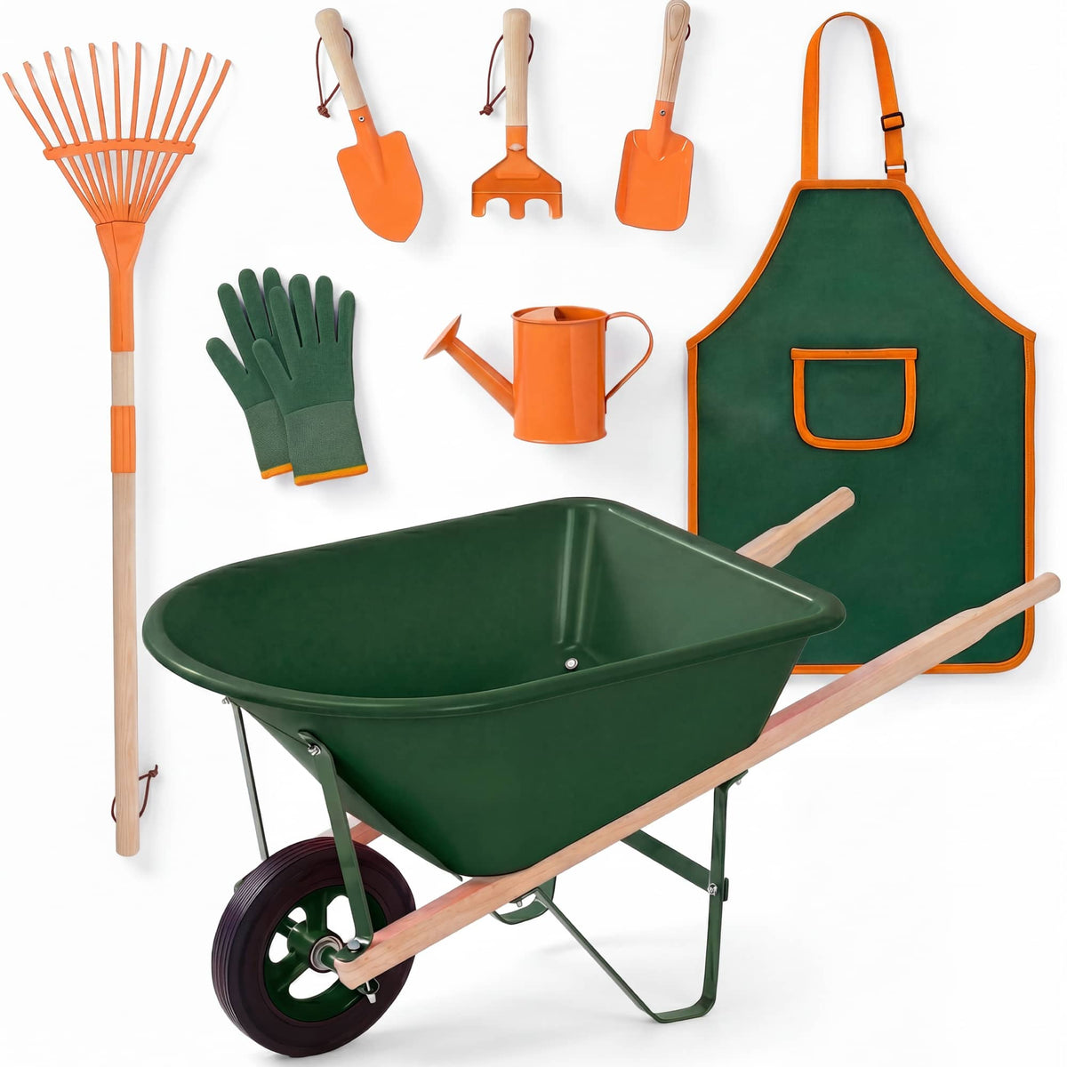 Best Choice Products - Kids Wheelbarrow Gardening Tool Set 8 Piece with Metal Tools, Apron, Gloves Ages 3+ - Green