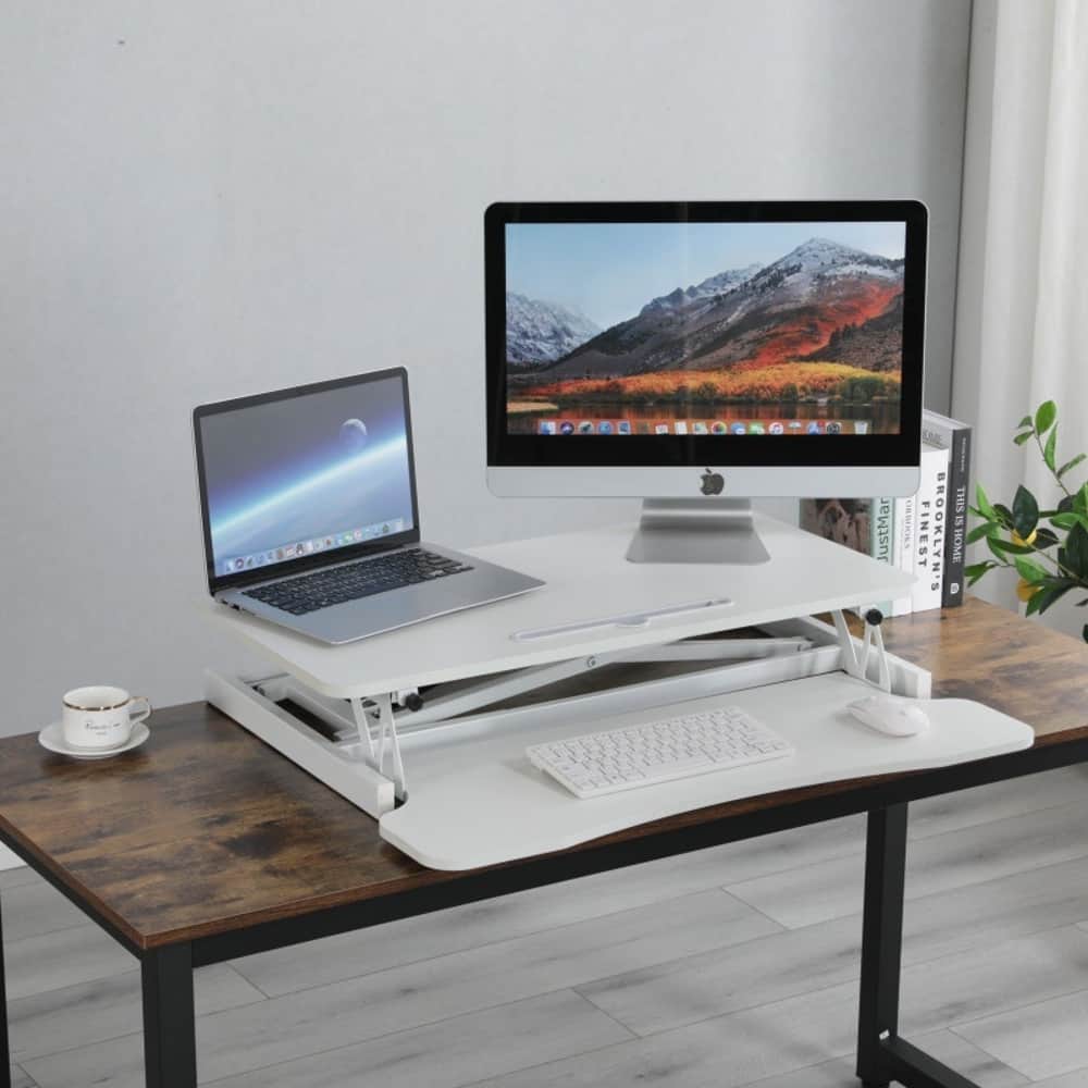 Loheer - 32 Inch Desk Converter Height Adjustable Sit to Stand Riser Dual Monitor Workstation - White