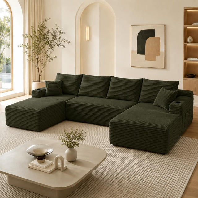Front. Anysun - 134" Modern Modular Design U-Shape Cloud Sectional Sofa with Side Pockets & Cup Holders, Deep Seating - Green.