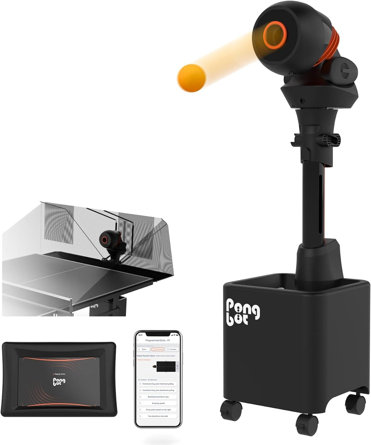 PONGBOT - Halo S Pro Table Tennis Robot w/ Net-Ping Pong Ball Machine, APP Control, 702 Pre-saved Trajectories/Programmable Drills - Black