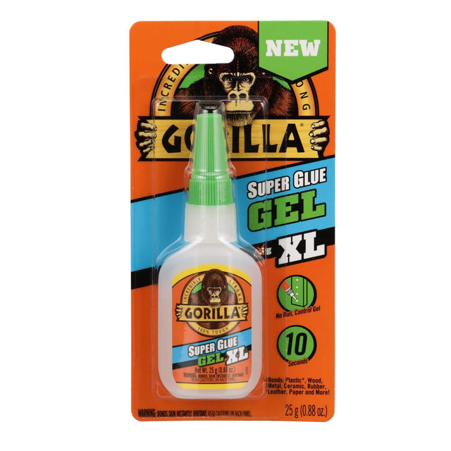 NEW INCREDIBLY STRONG GORILLA SUPER GLUE GEL XL  
INCREDIBLY STRONG Control Gel  
GORILLA No Run  
10% TOUGH SUPER GLUE  
25 g (0.88 oz.)  

Bonds: Plastic, Wood, Metal, Ceramic, Rubber, Leather, Paper and More!  

WARNING: BONDS SKIN INSTANTLY! IRRITANT