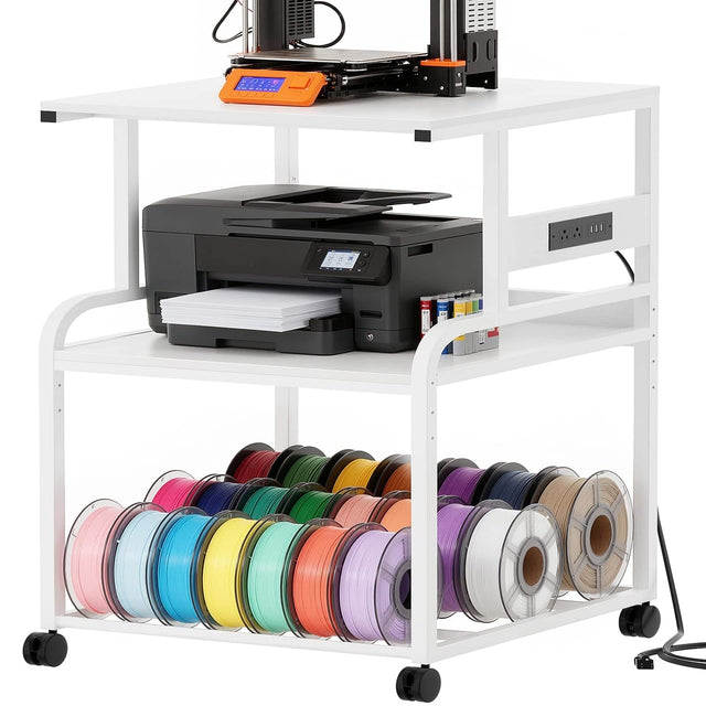 Front. Aheaplus - Heavy Duty Rolling 3D Printer Stand with Power Outlet & Filament Storage - 3-Tier Lockable Cart for Home Office - White.