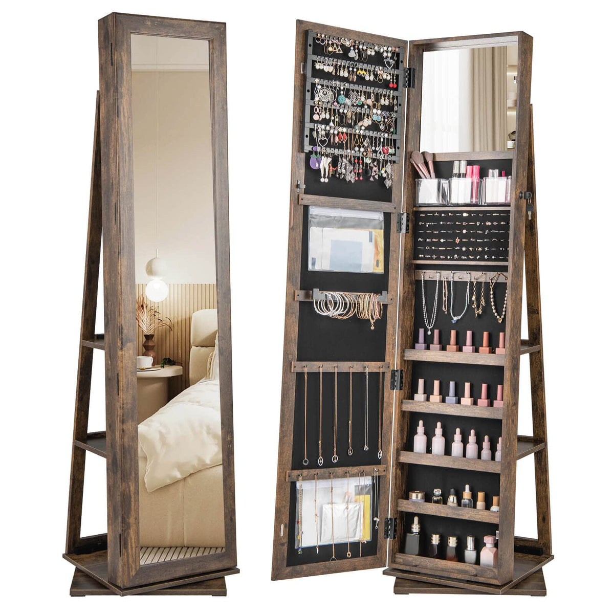 Costway - 360° Swivel Jewelry Armoire with Full-Length Mirror Rear Shelves Makeup Mirror - Brown
