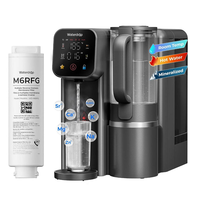 Waterdrop M6RFG Multiple Reverse Osmosis Membrane Filter Fibre  
Waterdrop W Filter Flush Tering come OZ Yours  
Room Temp Hot Water Mineralized  
Model Model WD-M6RFG  
Sr H.SiO.  
Please scan the QR code to buy filter Vruilez scanner code QR pour acheter fitre  
Compatible model: VO-MA Series  
Feed water temperature: 42-100 1538  
Feed requirement Municipal up 15/00  
Fiber in time C months  
Numéro de modèle compatible: 10-16  
Série Exigence de température de reau: 6700 538  
Exigence pour you d'alimen