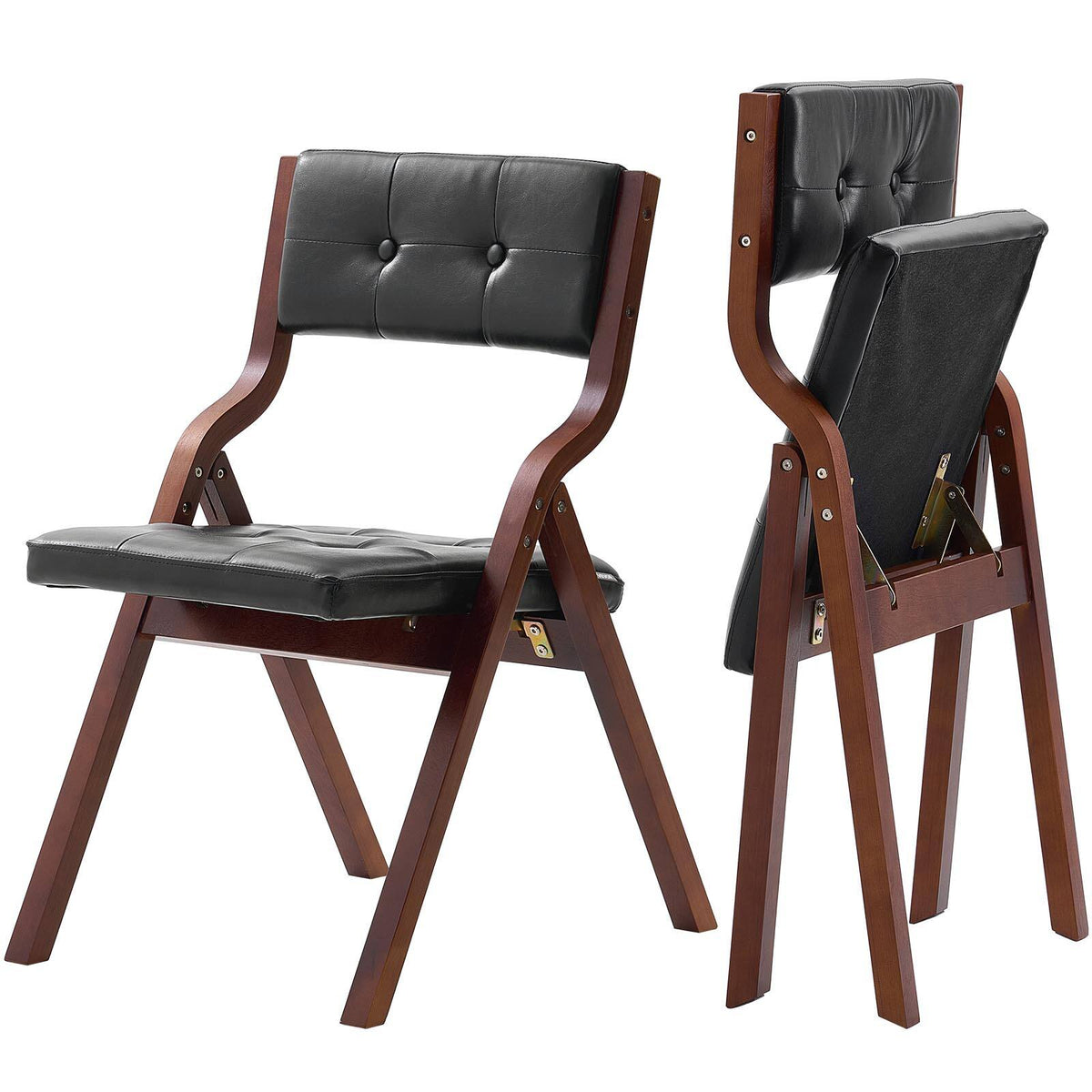 VEVOR - Wooden Folding Chairs with Leather Cushion, Set of 2, Portable Foldable Cushion Chair with Wooden Frame, Easy Assembly - Black