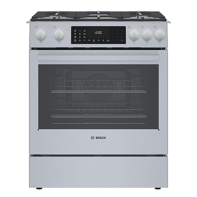 Front. Bosch - 800 Series 4.6 Cu. Ft. Slide-In Dual Fuel Convection Range with Self-Cleaning - Stainless steel.