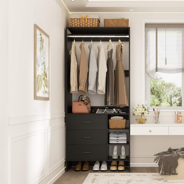 Front. Aheaplus - 2.5FT Closet System with 3 Drawers, 29.6'' Closet Organizer with Hanging Rod and Shelves - Black.
