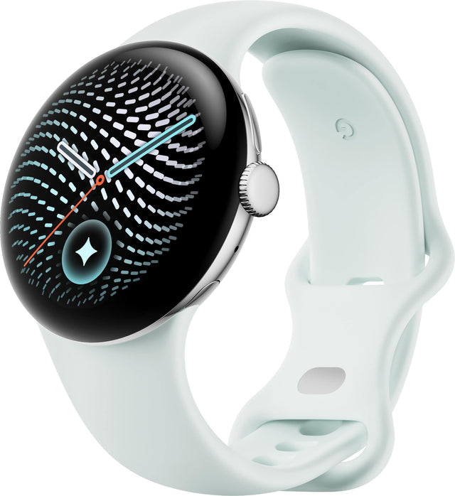 Front. Google - Pixel Watch 5 (41mm) - LTE - Polished Silver Case - Fog Band - Small, Large.