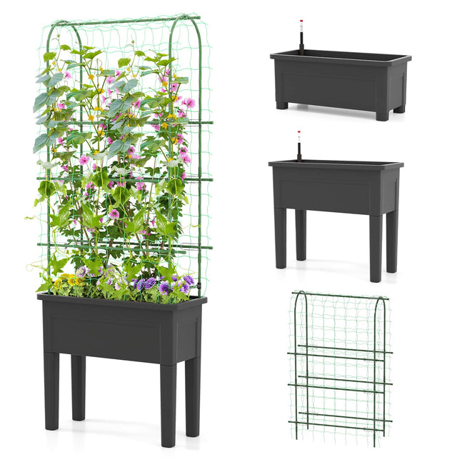 Front. Gymax - Gymax Raised Garden Bed w/ Trellis for Climbing Plants Self-Watering Planter Box w/ Water Level Gauge Removable Legs - Green.