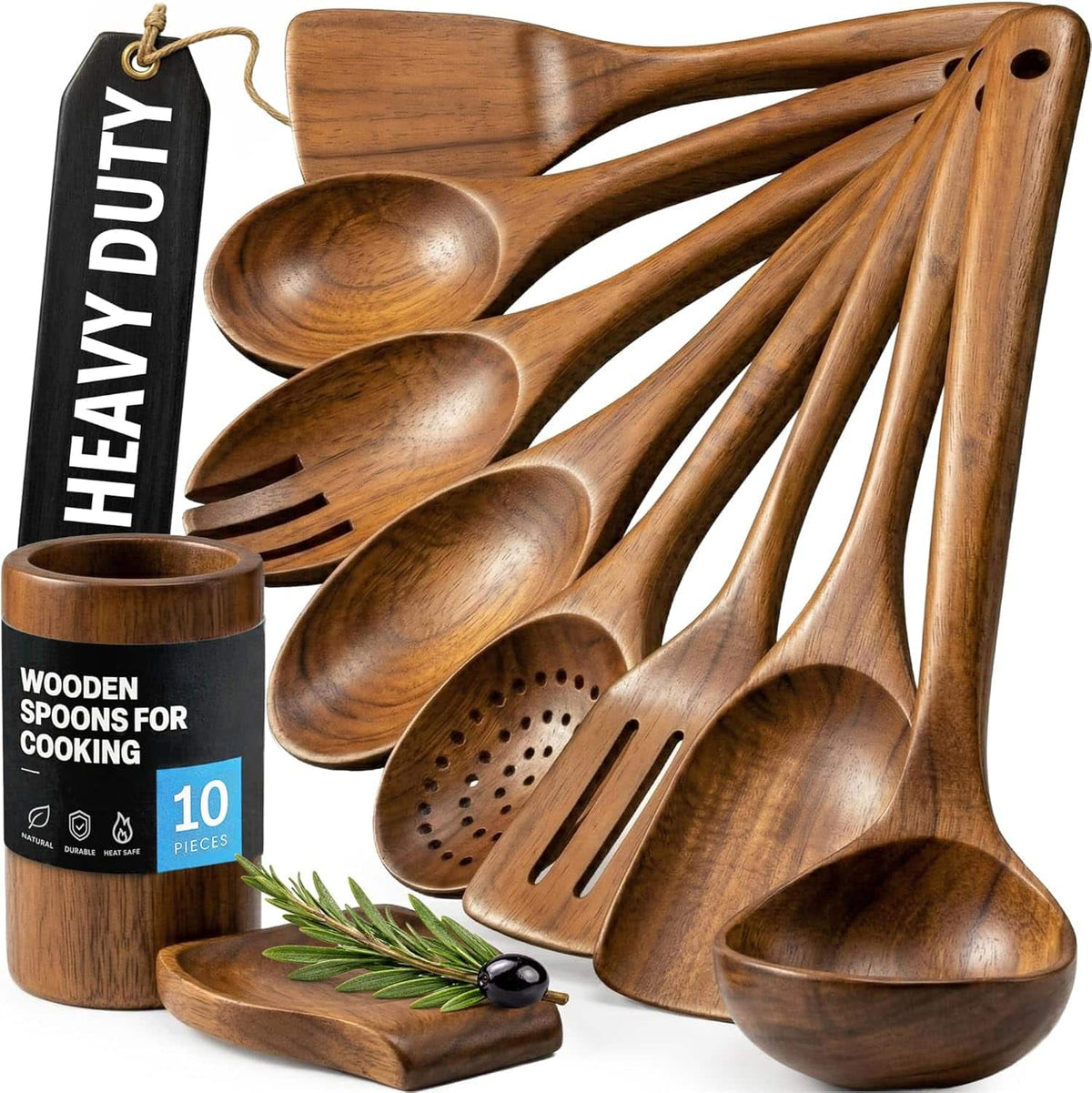 Zulay Kitchen - 10-Piece Wooden Spoons for Cooking - Smooth Finish Teak Wooden Utensils for Cooking - Brown