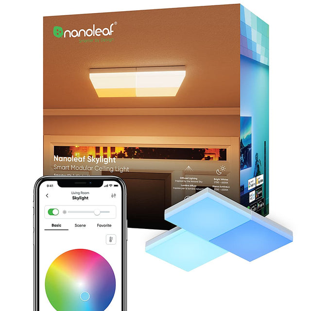 nanoleaf Smarter by Design Nanoleaf Skylight Smart Modular Ceiling Light:

* Living Room Skylight Difused Lighting
* Lit by the Mofura SKY Luminaire
* Mature Big Whites 2E 1700 ASOOK 1 - p S V e Basic Scene Favorite

The image features a smartphone app that controls the Nanoleaf Skylight Smart Modular Ceiling Light. The app allows users to adjust the lighting in their living room, creating a warm and inviting atmosphere. The app is designed to be user-friendly and intuitive, making it easy for anyone to con