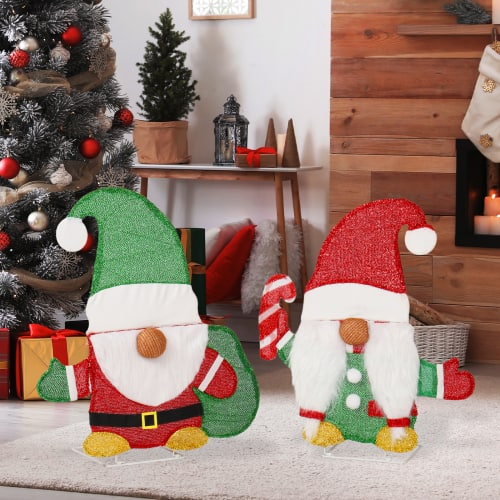 Front. Winado - 2PCS Christmas 24in Gnome and Candy Cane Pre-lit 2D with LED Lights for Xmas Indoor Outdoor Holiday Party Decorations - Red & Green.