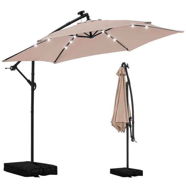 Ainfox - 10FT Outdoor Patio Cantilever Umbrella Hanging Offset with Cross Base Sand Bags & 24 LED Solar Lights - Khaki