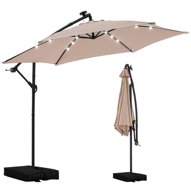 Front. Ainfox - Ainfox 10FT Outdoor Patio Cantilever Umbrella Hanging Offset with Cross Base  Sand Bags & 24 LED Solar Lights - Khaki.