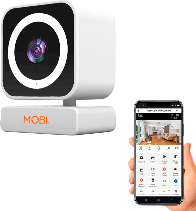 The text on the image reads: "OBI 19 MobiCam MP Camera - 59 KR/S Play Back Gallery Theme Color Private Mode + HER Night Vision Avd Flicker Device Volume Motion Detection Sound Detection Screen Edit Message Direction Cloud Storage Features."