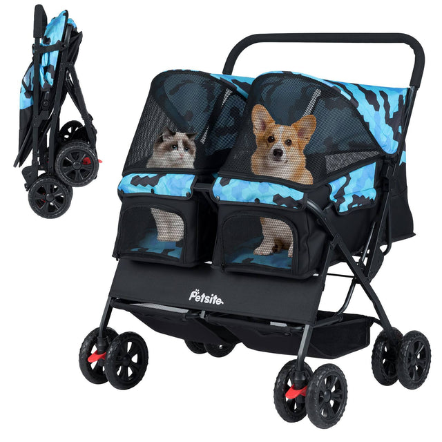 Front. Gymax - Gymax Double Pet Stroller w/ 2-seater Carrier Adjustable Sunshade Removable Pad Navy Blue.