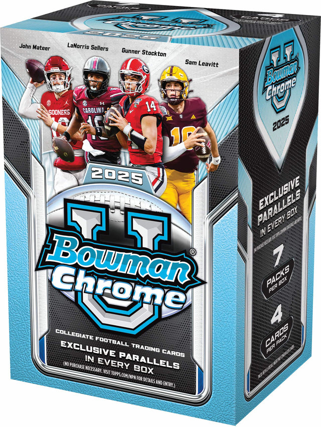 Bowman Chrome 2025  
Collegiate Football Trading Cards  
Exclusive Parallels in Every Box  
No Purchase Necessary. Visit Topps.com/NPN for Details and Entry.  

John Mateer  
LaNorris Sellers  
Gunner Stockton  
Sam Leavitt  

7 Packs per Box  
4 Cards per Pack  

Exclusive Parallels in Every Box
