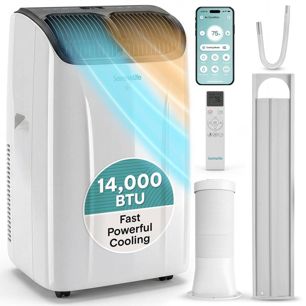 SereneLife - 14,000 BTU Wi-Fi Portable Air Conditioner with Heat, Fan, Dehumidifier & Window Installation Kit - White