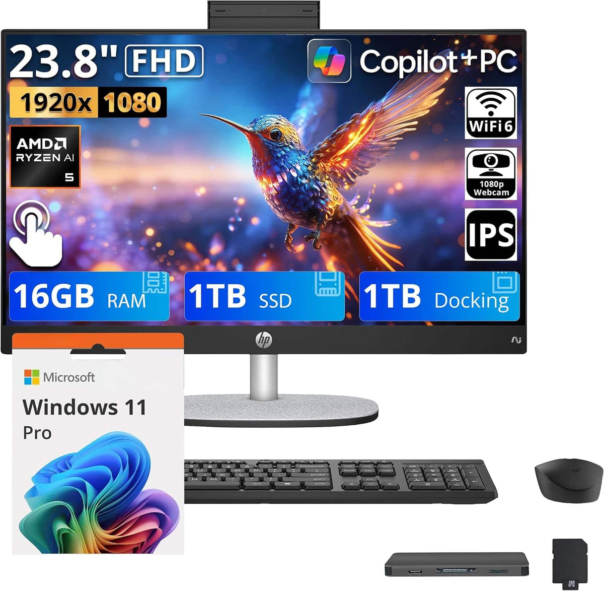 HP - Upgraded - 23.8" FHD Touchscreen All-in-One Desktop,AMD Ryzen AI 5 340,16GB DDR5,1TB SSD+1TB Dock,Win 11 Pro - Jet Black