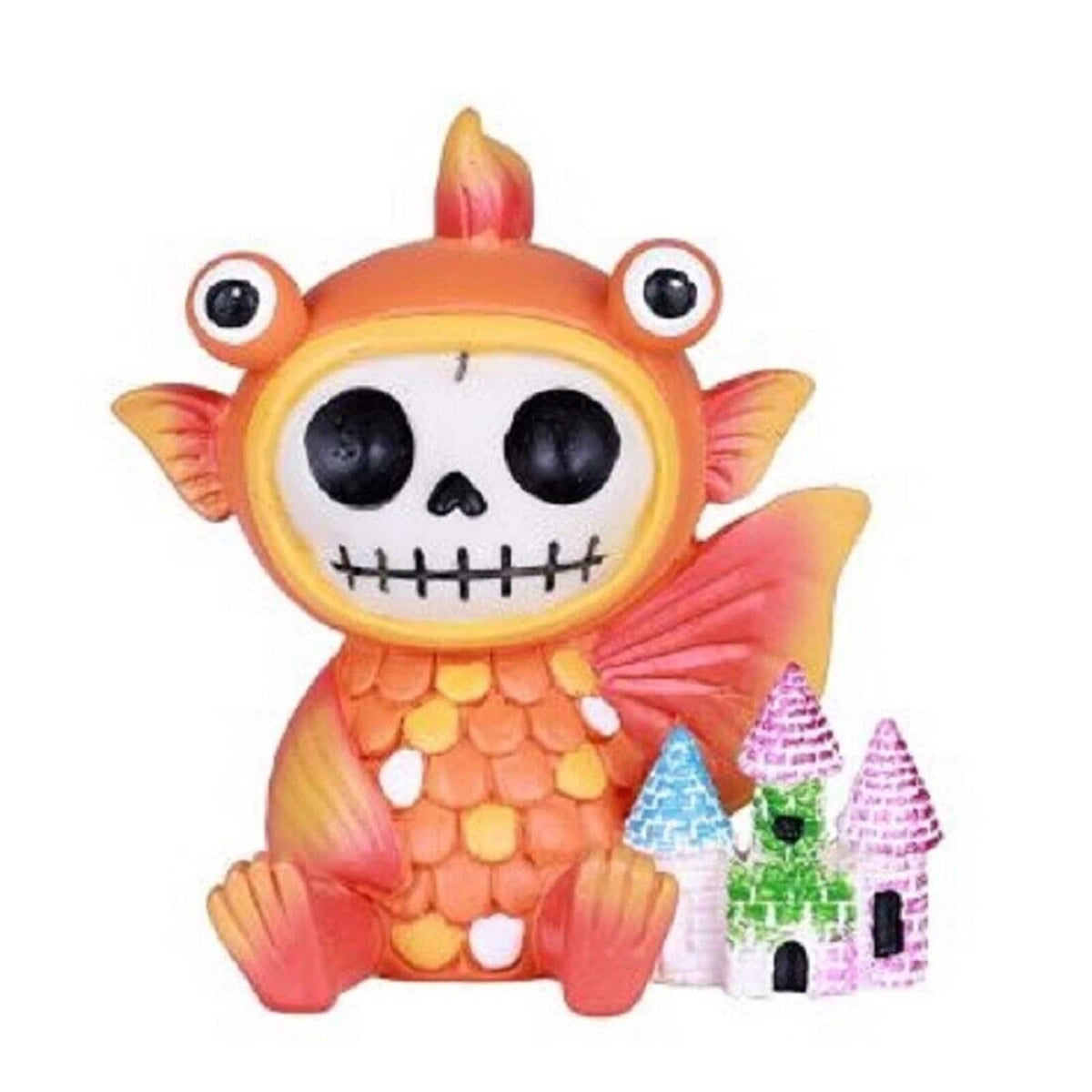 Pacific Trading - Furrybones Demekin Skeleton in Bulging Eyed Gold Fish Costume with Castle Figurine - Orange