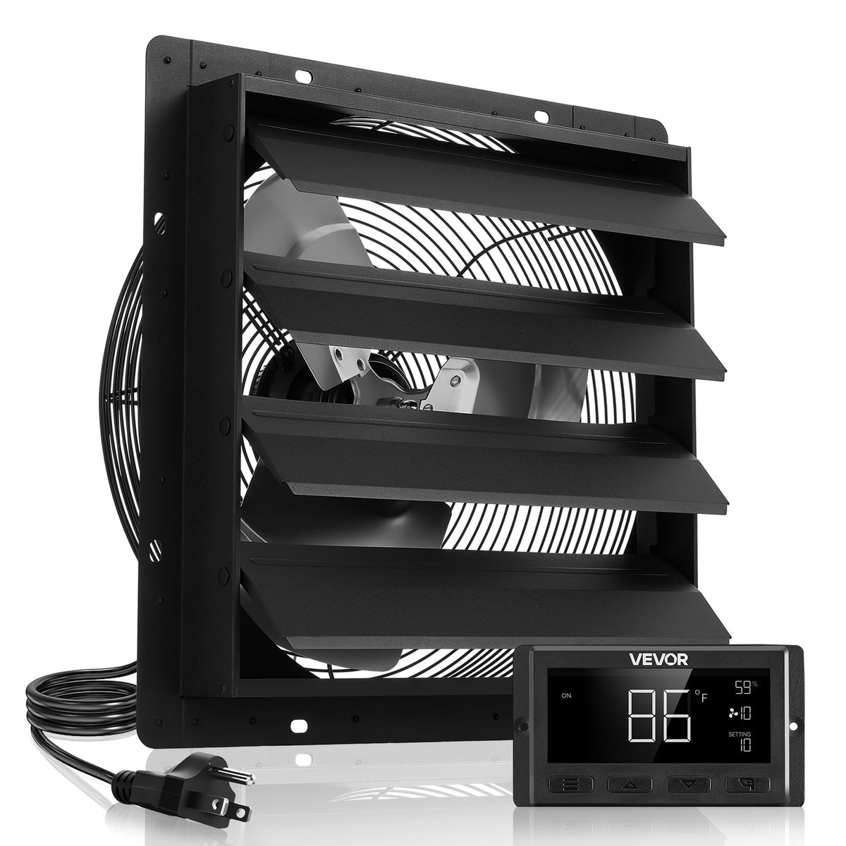 VEVOR - 16 inch Shutter Exhaust Fan, Wall Mounted Attic Vent Fan with Smart Programming Variable Speed Temperature Control - Black