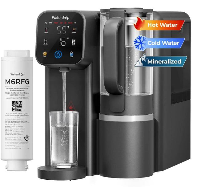 Waterdrop UV Rush

"Hot Water Temp: 59°F
Cold Water: Mineralized
Waterdrop M6RFG
Multiple Reverse Osmosis Membrane Filter
Model: WD-M6RFG

- Temperature: 59°F
- Volume: 16 oz
- Filter: UV
- Flush: Yes
- Contact: Yes

- Hot Water
- Cold Water
- Mineralized

- 24/7"