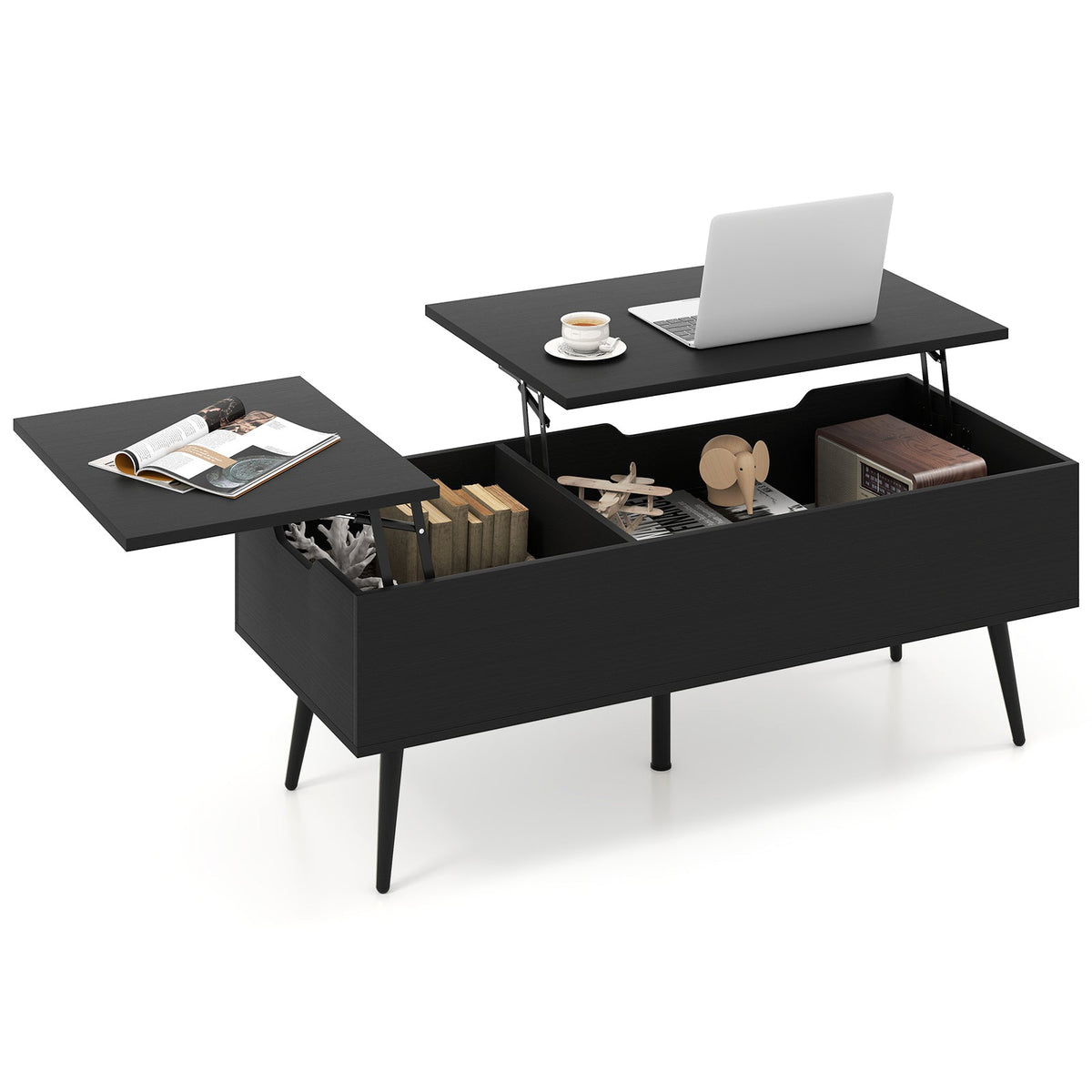 Gymax - Lift Top Coffee Table w/ Split Top & 2 Hidden Compartments Tapered Metal Legs - Black