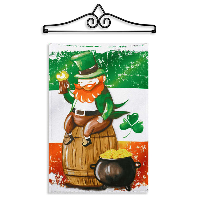 Front. G128 - Combo Garden Flag Hanger 14 in with 12x18 Double-Sided St. Patrick's Day Leprechaun Flag. - Green.