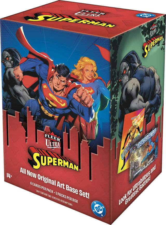 FLEER ULTRA SUPERMAN  
All New Original Art Base Set!  
6 CARDS PER PACK - 3 PACKS PER BOX  
* MAY CONTAIN TIME-SENSITIVE REDEMPTIONS  

14+  

Look for Ultrabilities and Greatest Battles!  

DC