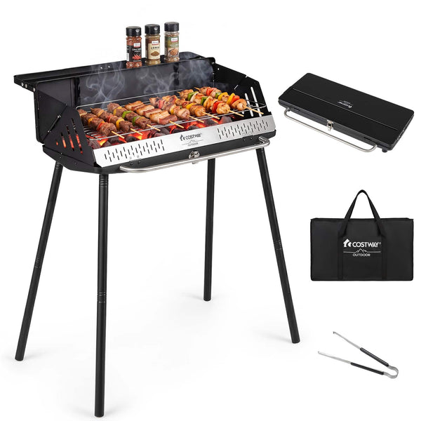 Gymax - Portable Charcoal Grill w/ Detachable Legs Foldable BBQ Grill w/ 250 sq.in - Black