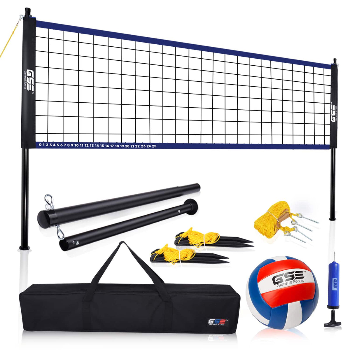 GSE Games & Sports Expert - Volleyball Net Set with Volleyball, Aluminum Poles, Winch System, Pump, and Carrying Bag(Recreational) - Blue