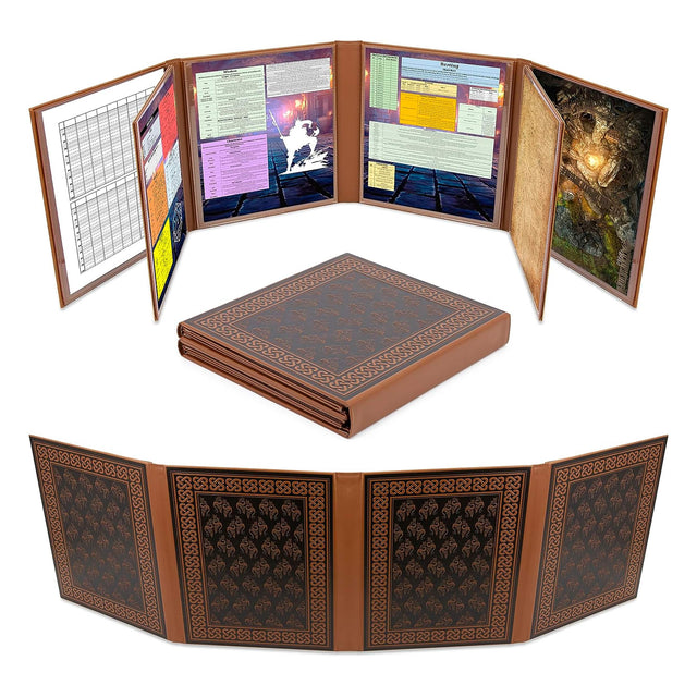 Front. CASEMATIX - DM Screen Faux Leather 8-Panel Deluxe GM Screen - Folding Dungeon Master Screen with 2 Swinging Panels for TTRPGs, Brown.
